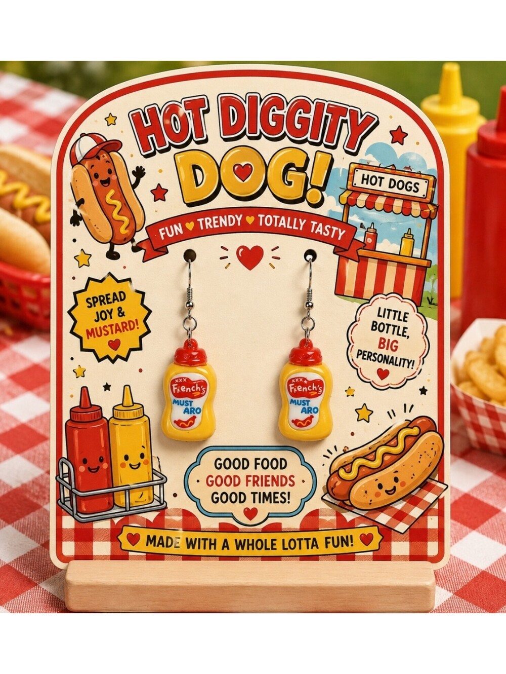 Hot Diggity Dog Fun Mini Mustard Bottle Hypoallergenic Dangle Drop Earrings